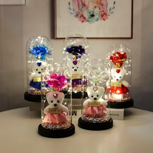 Geconserveerde Roos Bloem Teddybeer Glazen Koepel Met LED Licht Romantisch Valentijn Cadeau Voor Feest Huisdecoratie