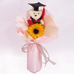 Graduation sunflower bouquet with cute bear doll, perfect gift for students and graduation season.