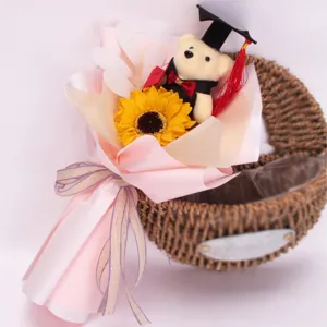 Sunflower graduation bear bouquet gift for students, beautiful artificial flower arrangement.
