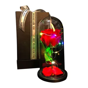 Elegant artificial red rose in a glass dome with colorful LED lights and black gift box