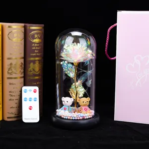 Galaxy rose in glass dome with LED lights and teddy bears, including remote control.