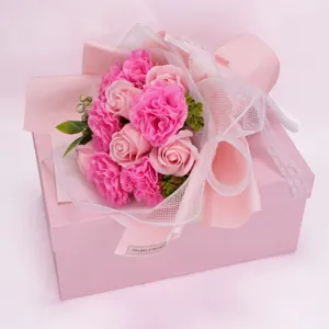Pink soap flower gift box with carnations and roses, perfect romantic gift for women and girls.