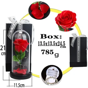 Red preserved rose in glass dome with LED lights, black gift box included, 21cm tall.