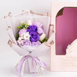 Detail view of purple soap rose flower bouquet with delicate gift box for special occasions.