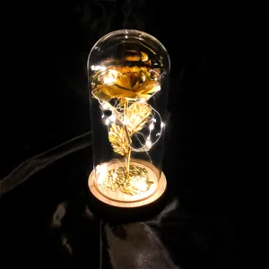 Detail of glowing gold foil rose in glass dome with warm LED fairy lights