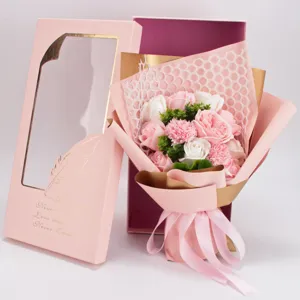 Detail shot of pink soap flower bouquet with gift box, romantic gift for Valentine's Day.