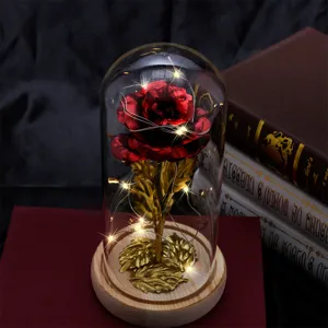 Macro view of preserved golden rose in glass dome with sparkling glowing LED lights