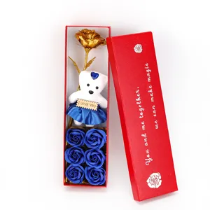 Geschenkbox zum Valentinstag mit 24K Goldfolie-Rose, blauen Seifenblumen und Bär