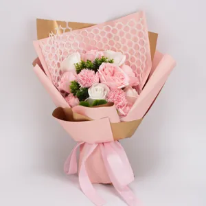 Artificial soap flower bouquet rose and carnation gift detail shot pink and gold wrap
