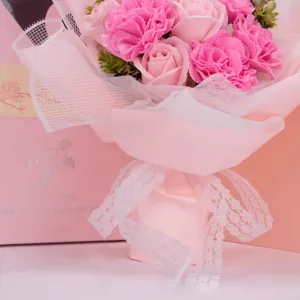 Pink soap flower bouquet artificial carnations roses gift box for graduation party day.