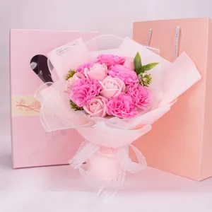 Pink soap flower bouquet gift box set with paper bag, ideal for special romantic gifts.