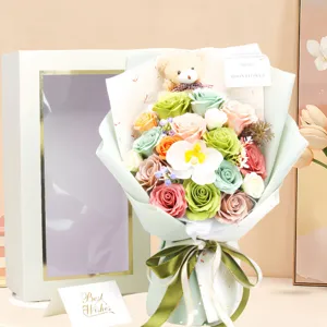 Handmade soap rose flower bouquet with cute teddy bear and elegant gift box for gifts