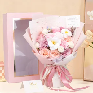 Detailed view of 18pcs artificial soap rose bouquet inside an elegant pink gift box