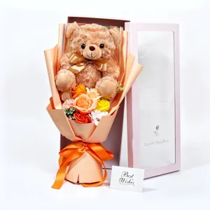 Teddy bear plush toy rose soap flower gift box bouquet for romantic Valentine Day present.