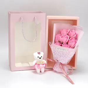 7pcs pink soap roses bouquet with cute teddy bear and gift bag for Valentines Day