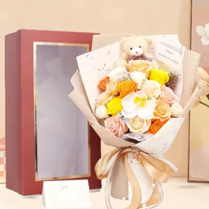 Handcrafted 18-piece soap rose flower bouquet with teddy bear and elegant gift box