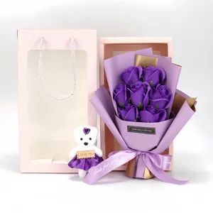 Detailed view of 7 purple soap roses gift set including a cute bear and pink gift bag