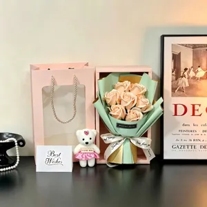 Soap Rose Eternal Flower Gift Box With Bear And Handbag For Valentine Day Wedding Party Favors Handmade Floral Gift Set