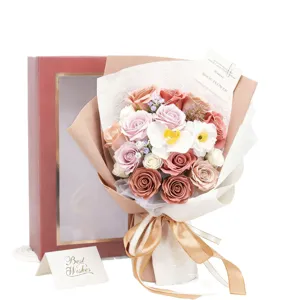 Elegant 18-piece artificial soap rose bouquet in red window gift box with Best Wishes card