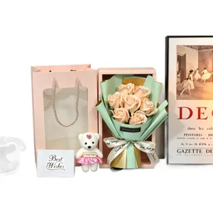 7-piece peach soap rose bouquet with teddy bear and pink gift box set for Valentine's