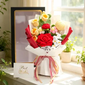 Handgemachte Häkelblumen Bouquet Detail, Strickrose und Lilie Valentinstag Geschenk