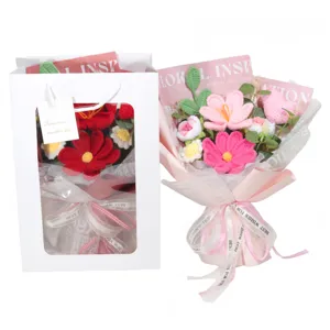 Handmade crochet flower bouquet with heart detail in white gift bag