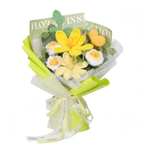 Detailed view of handmade crochet bouquet with heart-shaped flowers and green paper