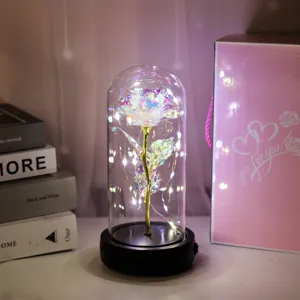 LED Galaxie Goldfolie Rose in Glas Kuppel mit Sockel, romantisches Geschenk Valentinstag.