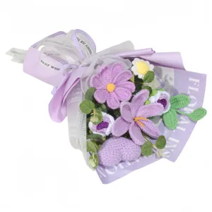 Close-up of handmade crochet purple flower bouquet with heart for Mother's Day