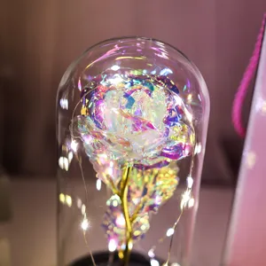 Galaxie Goldfolie künstliche Rose in Glasglocke mit Lichterkette, romantische Geschenke.