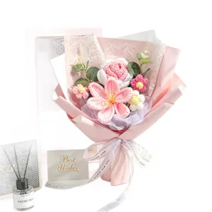 Handmade crochet flower bouquet with pink roses and lilies for gift giving