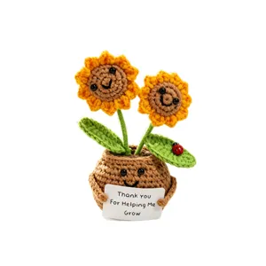 Handcrafted crochet sunflower potted plant with cute smiling face, gift decor for home decor