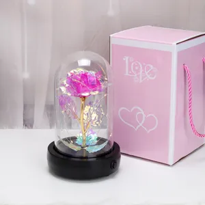 Galaxy Goldfolie Rosenblüte in Glaskuppel mit LED Licht und Geschenkbox für romantische Deko.