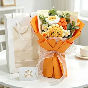 Handmade crochet sunflower bouquet in orange wrapping with gift bag and card