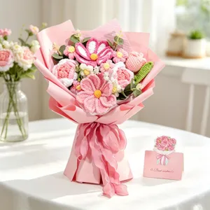 Handmade pink crochet flower bouquet with roses and cosmos for Valentine's Day gift