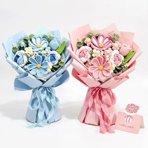 Exquisite handmade crochet flower bouquets featuring roses and daisies for Valentine's Day gift