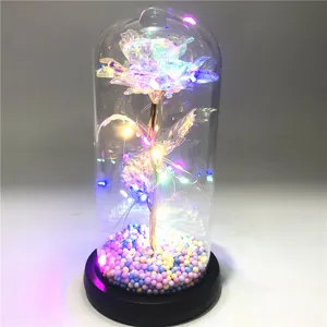 Detailansicht einer schillernden Galaxie-Rose in einer Glaskuppel mit LED-Leuchten