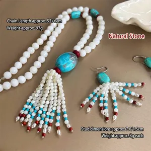 Tibetan retro style beaded long necklace and earring set featuring natural turquoise stone