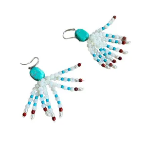 Vintage Tibetan ethnic style turquoise beaded earrings with colorful fan-shaped tassels