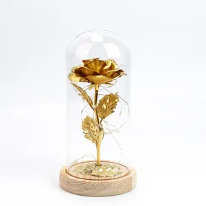Detailed view of a gold foil rose encased in a glass dome with glowing fairy lights
