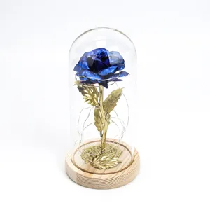 Detailed macro view of a blue gold foil rose in a glass dome with LED string lights