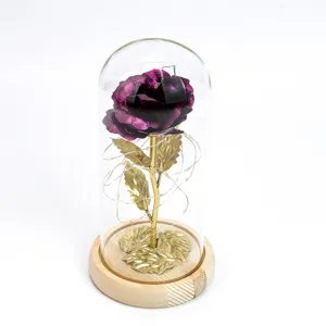 Detail view of a purple gold foil rose in glass dome with fairy lights on wooden base.