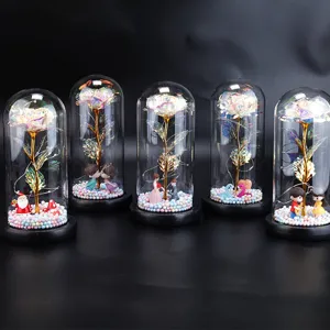 Set mit 5 Galaxie Rose Glaskuppeln mit LED Lichtern und romantischen Miniaturfiguren Deko