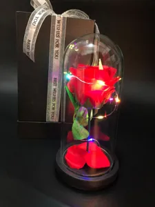 Artificial Red Soap Rose Flower In Glass Dome With LED Lights Romantic Valentine Day Anniversary Gift Decoration For Women