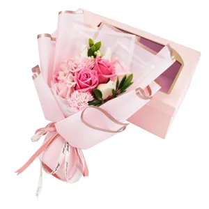 Pink soap rose and carnation flower bouquet with gift box for romantic Valentine gift.