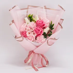 Pink artificial soap rose and carnation bouquet gift for Mother's Day and Valentine's Day.