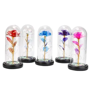 Galaxie-Rosen im Glasdom mit LED-Licht, 5 bunte künstliche Blumen als Geschenkset