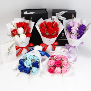 Assorted 9-rose soap flower bouquets in premium gift bags with greeting card for gifts
