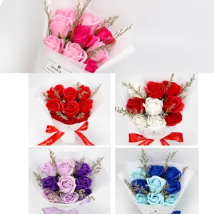 Detailed view of artificial 9-rose soap flower bouquets in multiple vibrant colors