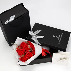 9-piece red soap rose bouquet set in black gift box with bag and card for Valentine's Day